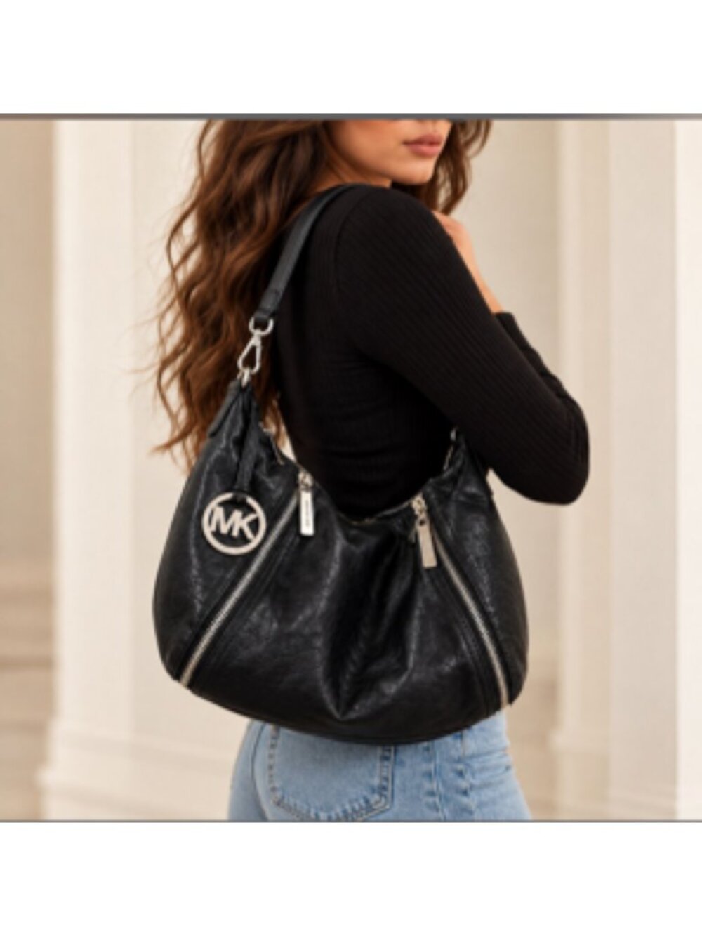 Michael Kors Black Distressed Leather Odette Hobo Bag with Dual Front Zippers